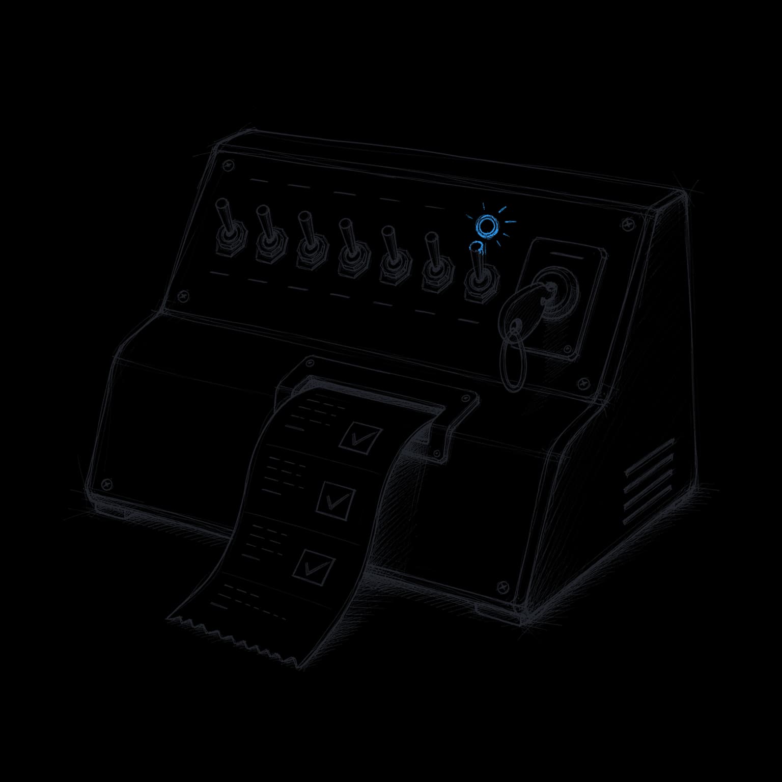 Drawing of a desk console with a row of skill switches, a key in its slot, and a log tape recording each run.