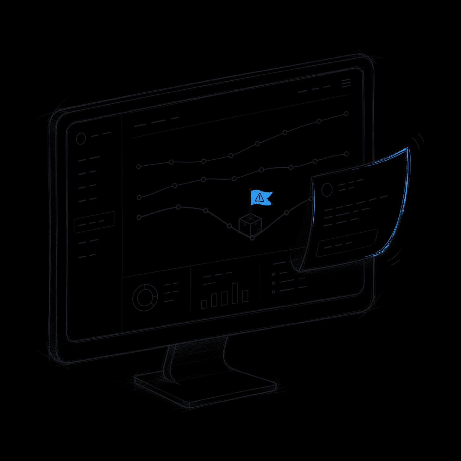 Drawing of a carrier dashboard with one line dipping, a flagged parcel on it, and a drafted message lifting off the panel.