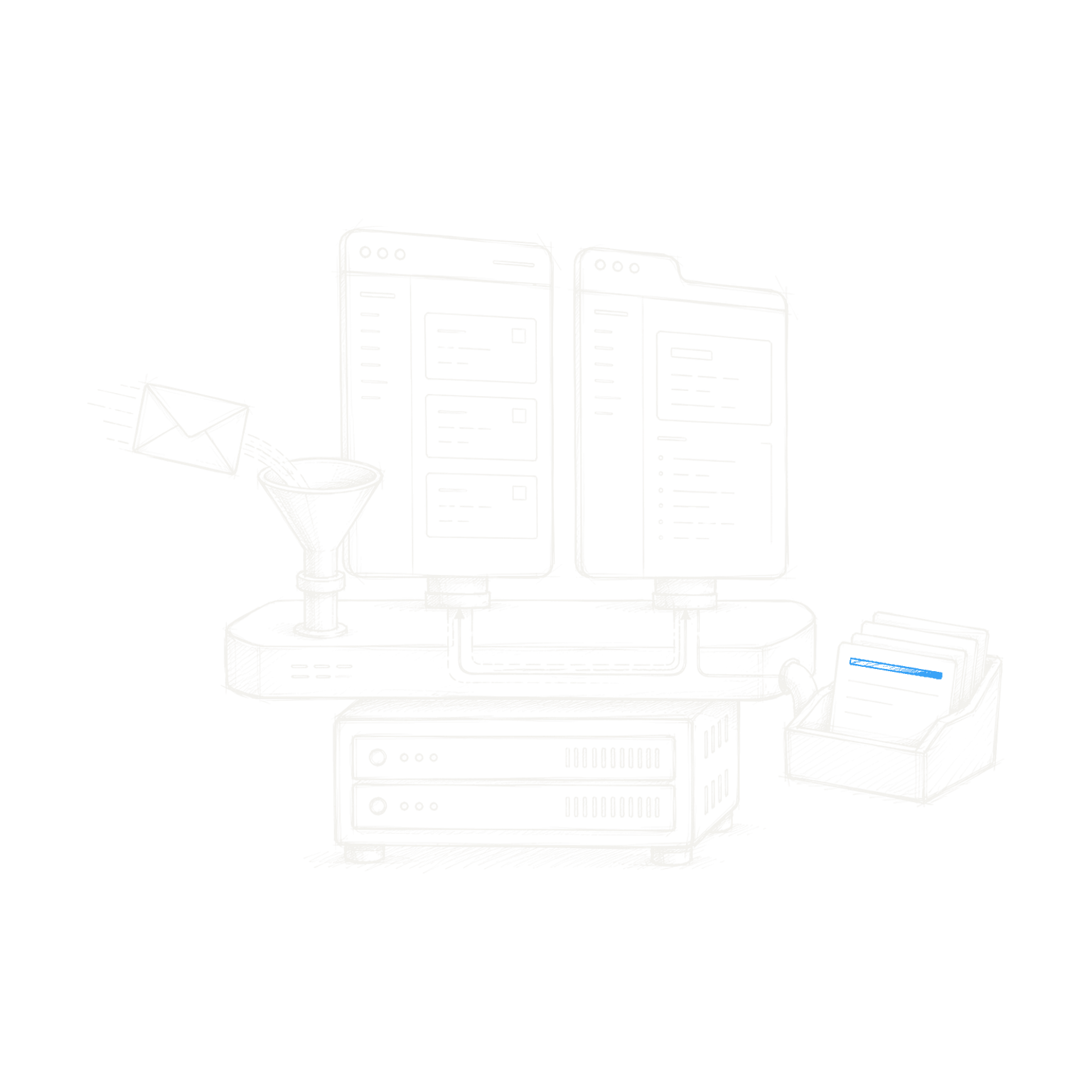 Drawing of two browser windows on one shared platform, an envelope entering at one side and a record card leaving at the other.