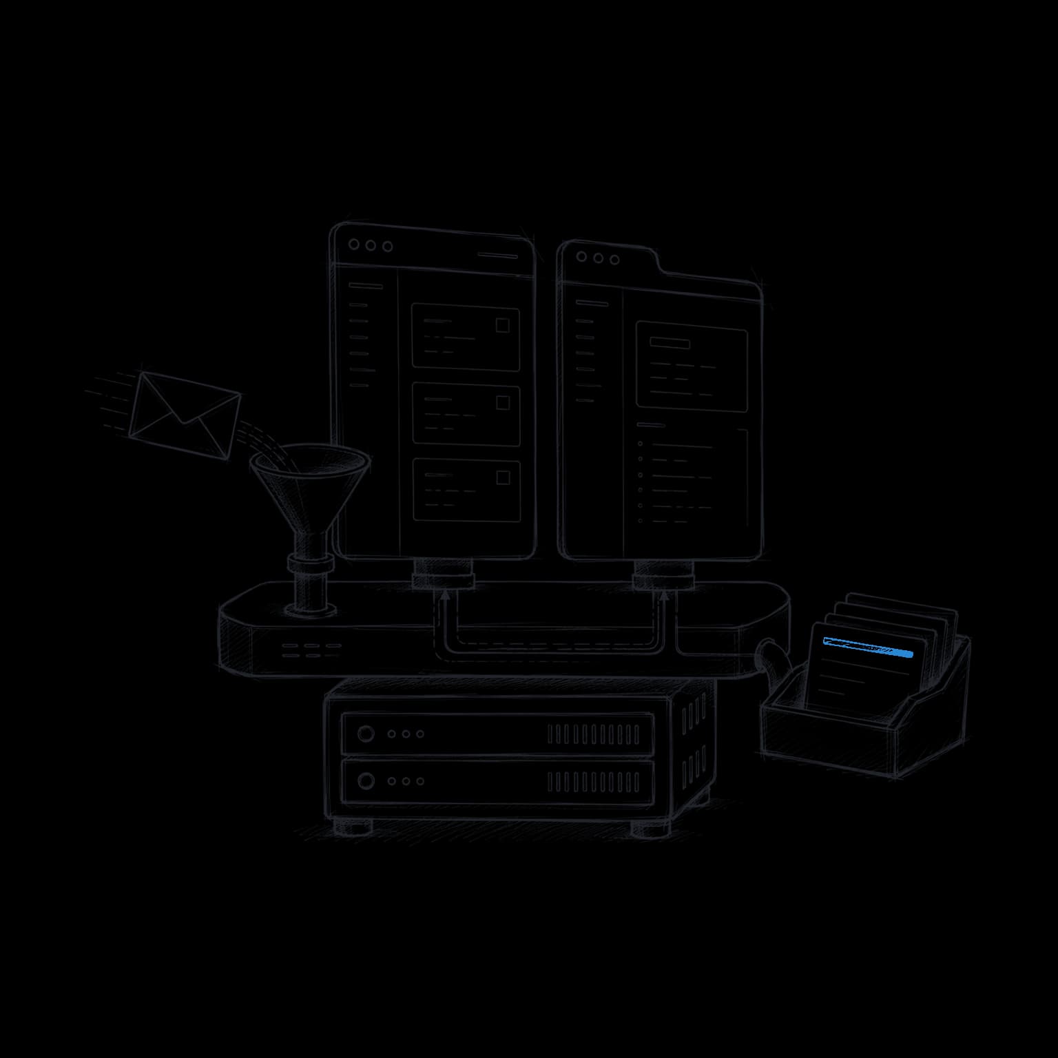 Drawing of two browser windows on one shared platform, an envelope entering at one side and a record card leaving at the other.