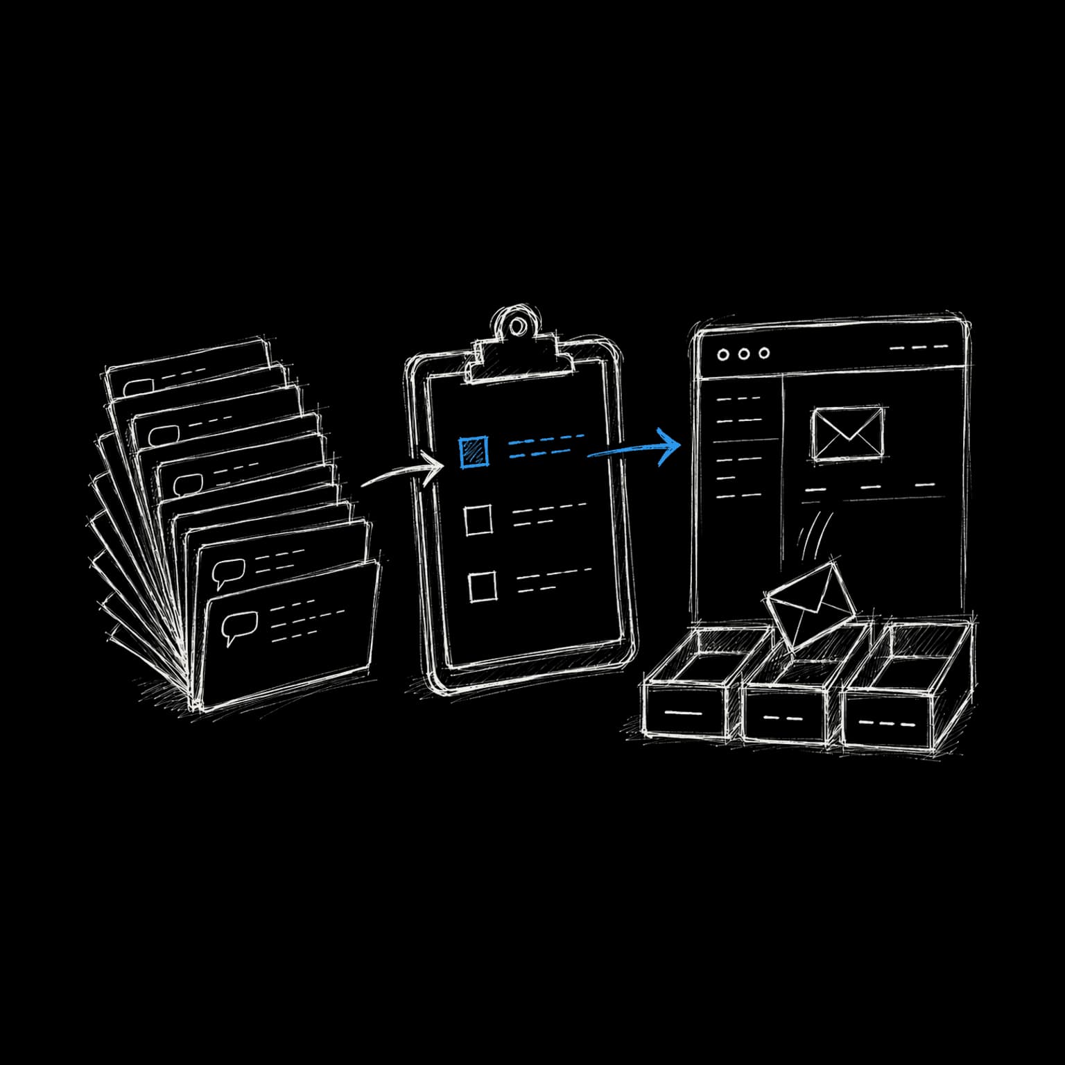 Drawing of ten interview cards feeding a ranked clipboard, and an inbox sorting mail into three trays.