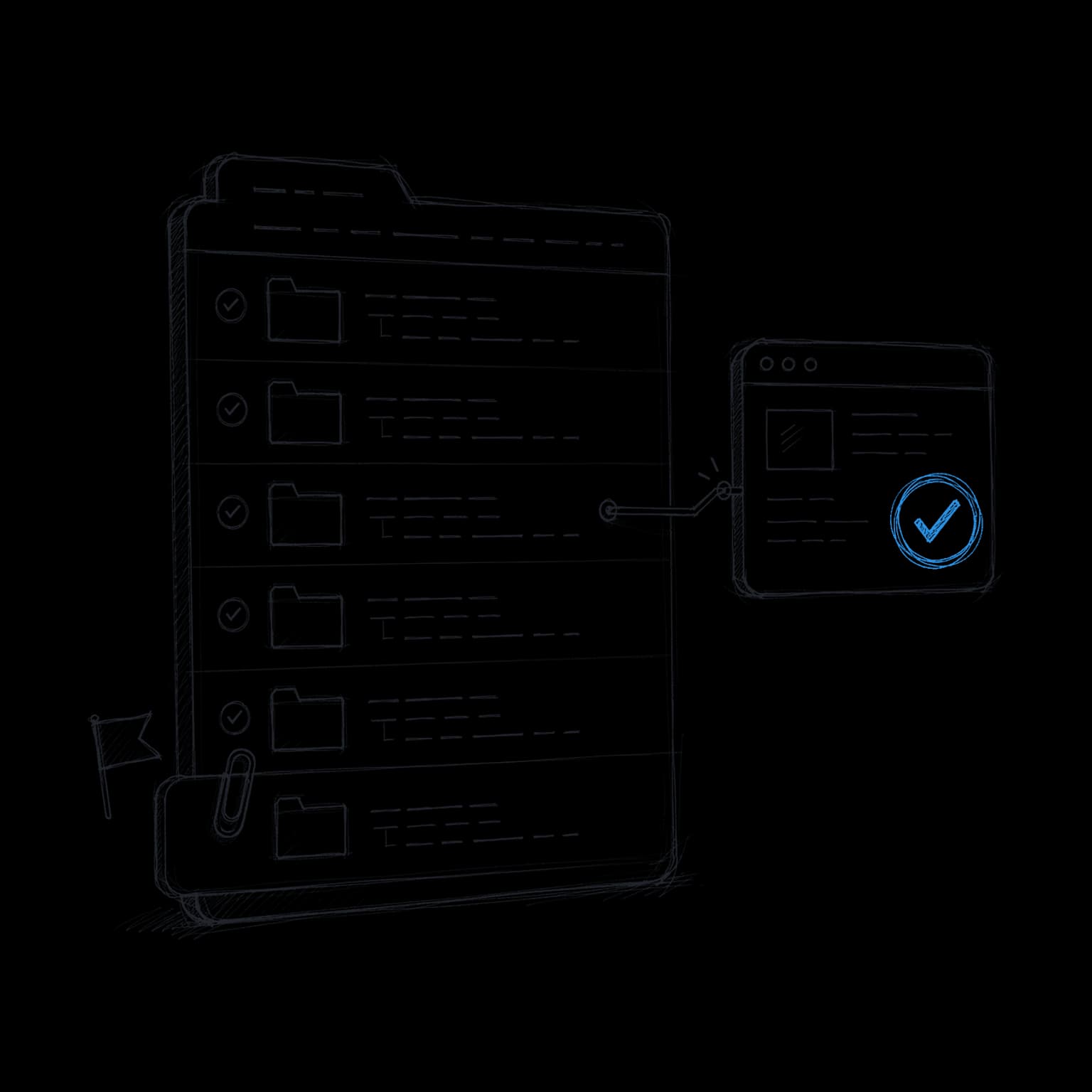 Drawing of a directory listing with one row linked to a checked source page and another row held back.