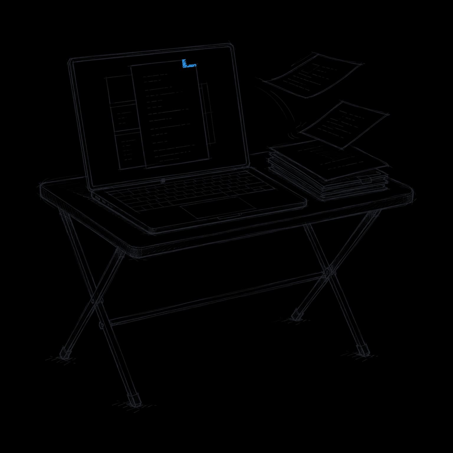Drawing of a laptop on a folding table assembling a grant report, a stack of report folders beside it.