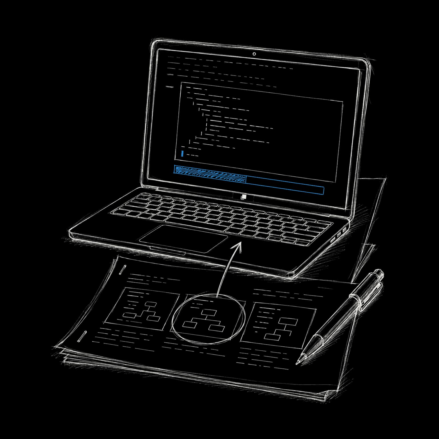 Drawing of an open laptop running an agent, resting on a strategy memo with one option circled.