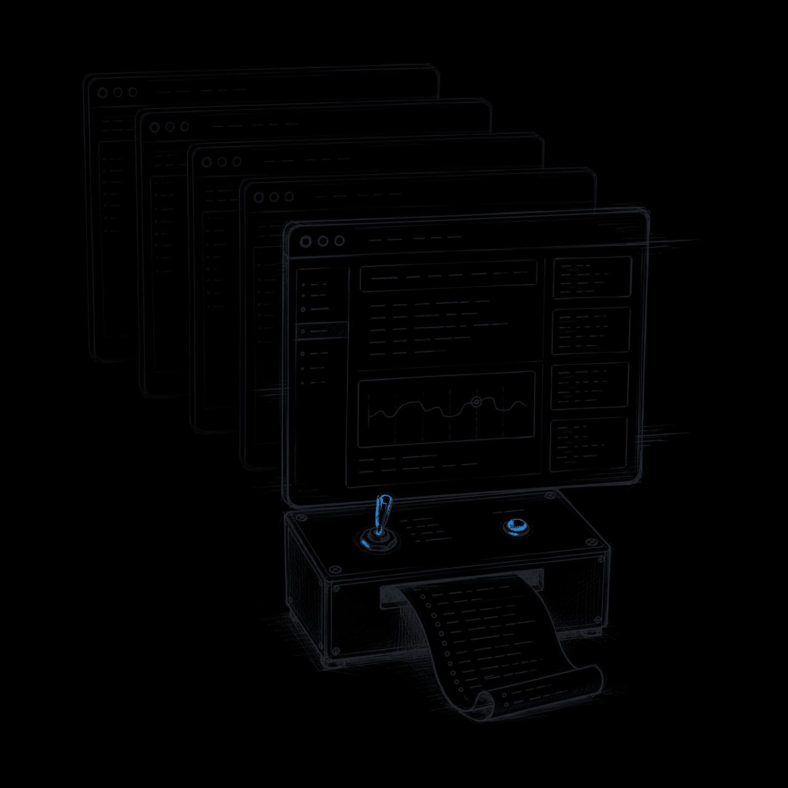 Drawing of one browser window pulled to the front of a faint stack, with a toggle switch and a log tape beneath it.
