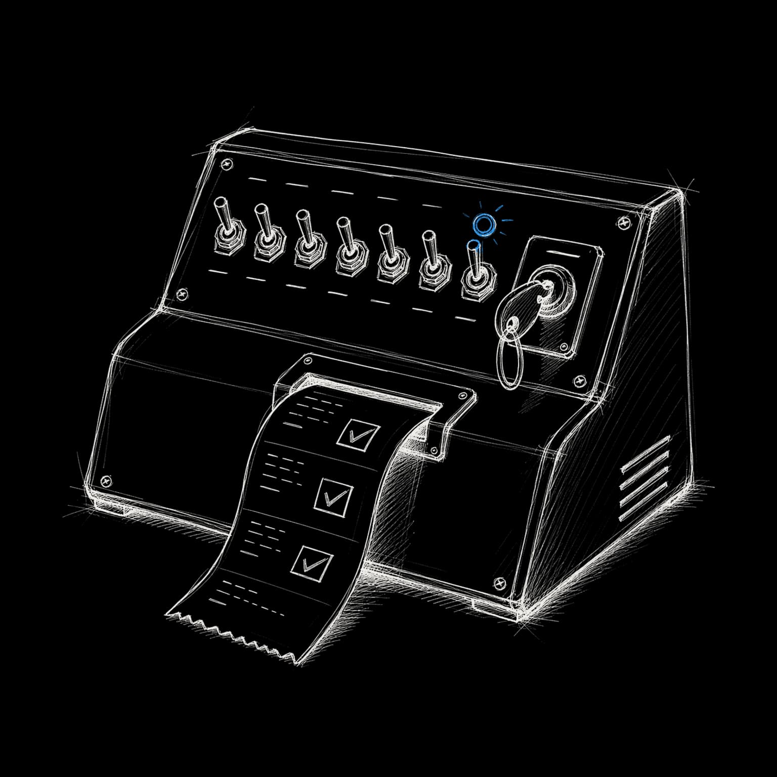 Drawing of a desk console with a row of skill switches, a key in its slot, and a log tape recording each run.