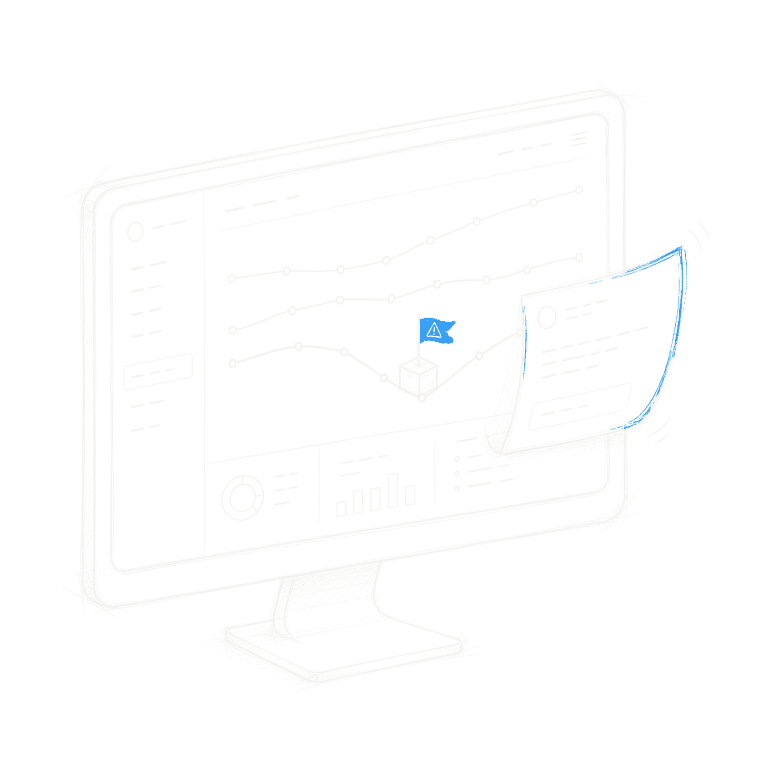 Drawing of a carrier dashboard with one line dipping, a flagged parcel on it, and a drafted message lifting off the panel.