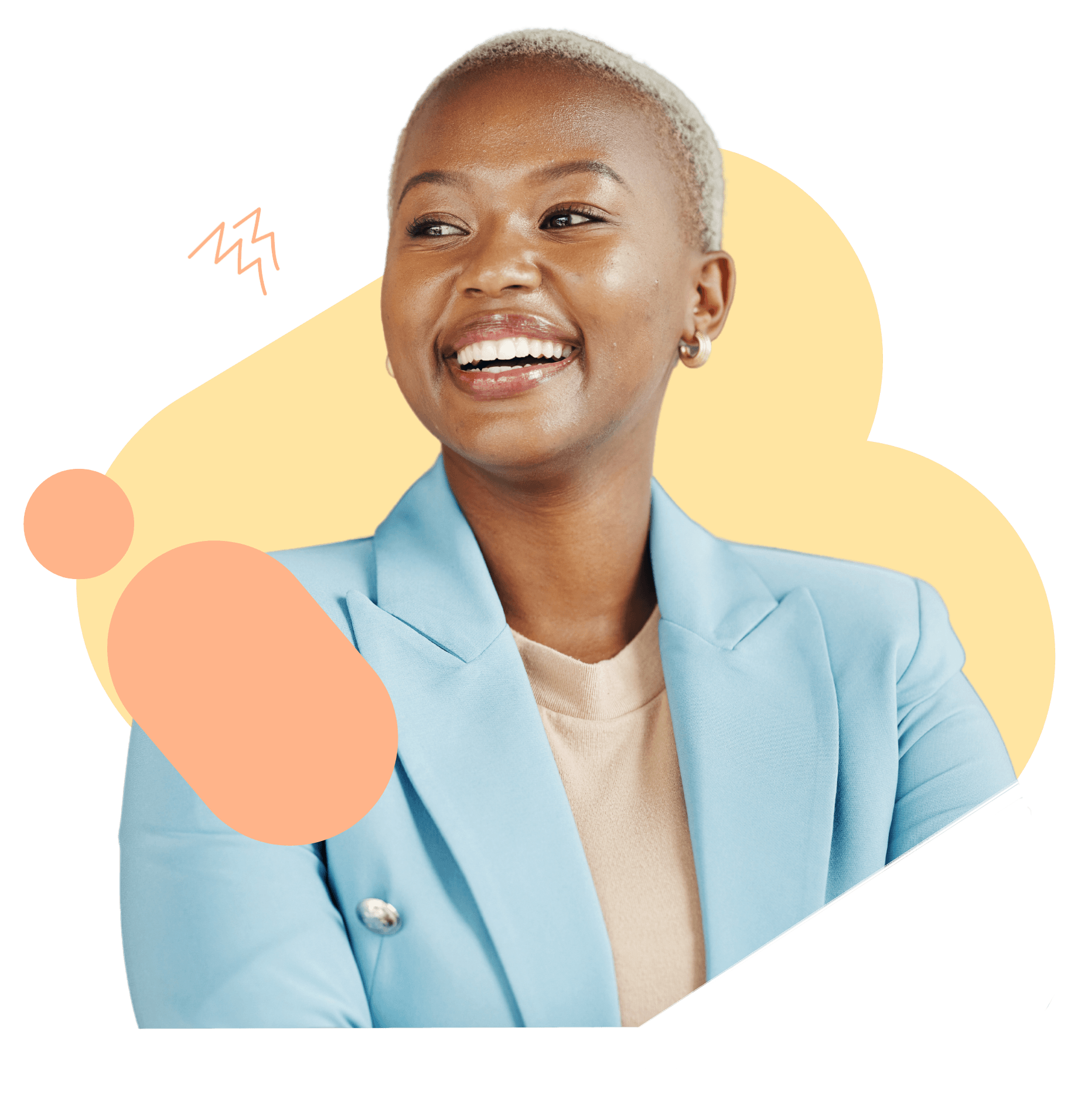 A professional woman with decorative graphics surrounding her