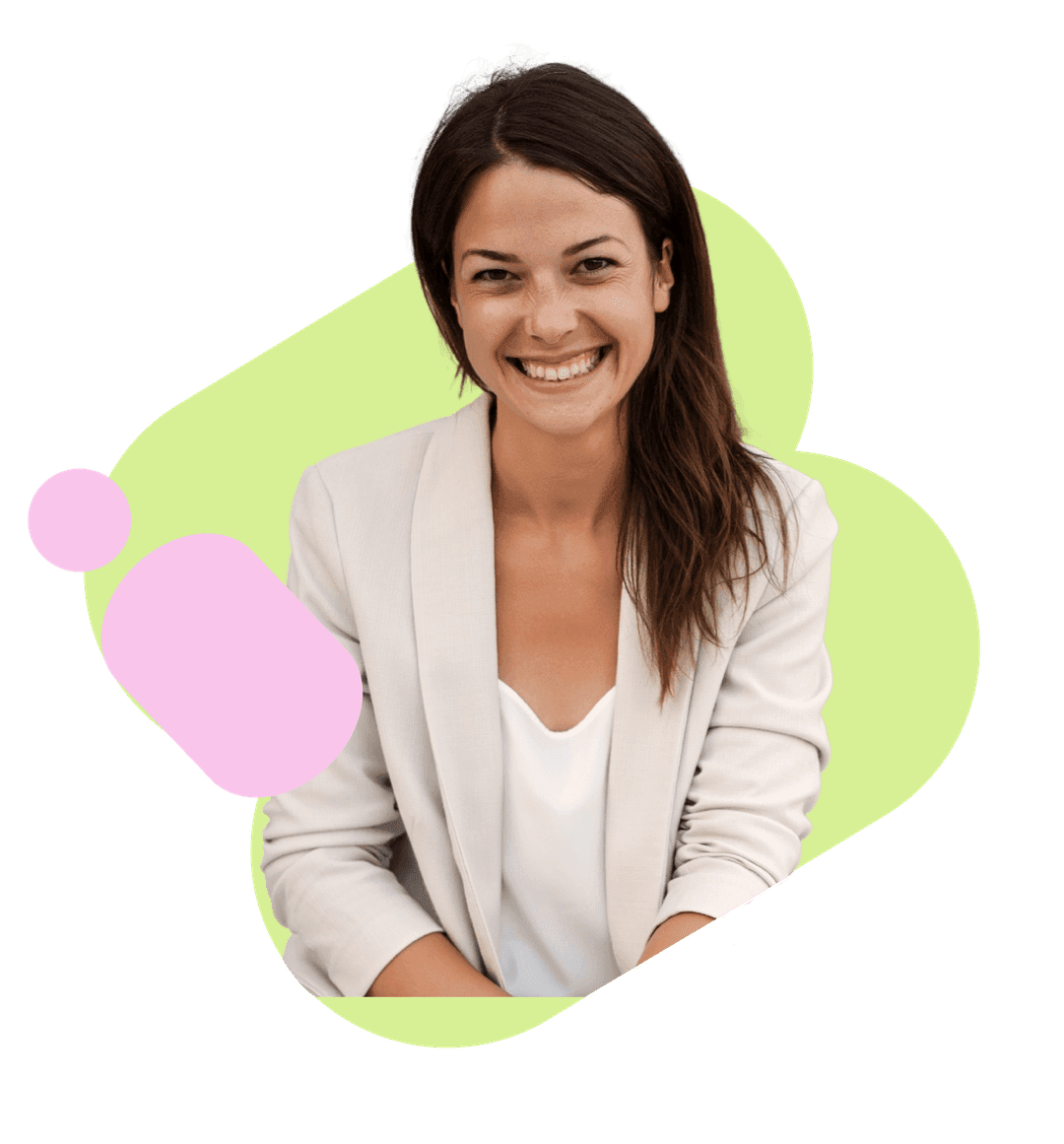 A professional woman with decorative graphics surrounding her